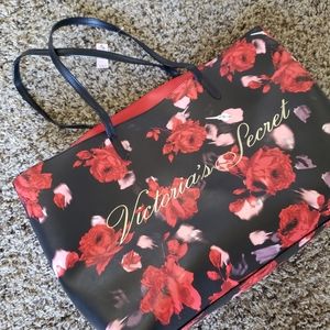 VICTORIA'S SECRET Black & Red Floral Tote Bag NWT
